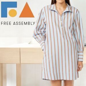 Free Assembly Women's Blue Brown Striped 100% Cotton Shift Dress Blouson Sleeves